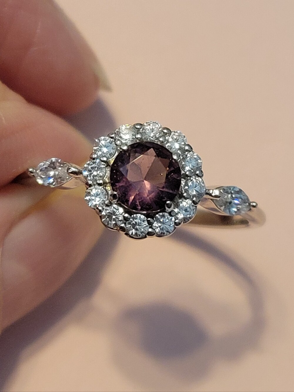 Silver 925  Ring with Purple Center Stone and Halo of Clear Stones